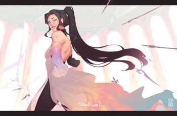 1girl absurdres artist_logo backless_dress backless_outfit black_hair black_sclera colored_extremities colored_sclera cyber_(cyanceebee) dress english_text floating floating_object floating_sword floating_weapon from_below from_side glowing glowing_eye grey_eyes heterochromia high_ponytail highres irelia league_of_legends logo long_hair looking_at_viewer looking_down open_mouth outstretched_hand pink_lips pink_pupils ponytail pov purple_eyes rainbow_hands smile solo standing sword teeth toned toned_female weapon white_dress