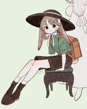 1girl 2girls :3 animal_ears backpack bag belt black_boots black_hat black_shorts boots brown_bag brown_belt chair chinstrap closed_mouth commentary_request dated full_body green_background green_eyes green_shirt grey_hair hat lace-up_boots limo_nine looking_at_viewer medium_hair multiple_girls on_chair original out_of_frame rabbit_ears rabbit_girl rabbit_tail shirt short_sleeves shorts signature simple_background sitting smile socks solo solo_focus tail white_socks