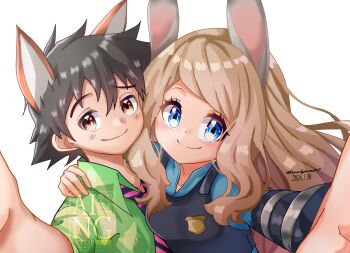 1boy 1girl animal_ears ash_ketchum ashujou black_hair blush breasts brown_eyes brown_hair closed_mouth collared_shirt commentary_request cosplay crossover fox_boy fox_ears green_shirt highres judy_hopps judy_hopps_(cosplay) long_hair looking_at_viewer medium_breasts nick_wilde nick_wilde_(cosplay) nintendo pokemon pokemon_(anime) pokemon_xy_(anime) rabbit_ears rabbit_girl serena_(pokemon) shirt short_sleeves smile very_long_hair watermark zootopia