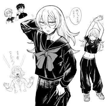 1boy 2girls :d :| ^_^ akuseru_(greatmaxnacell) annoyed arms_up baggy_pants blazer bow bowtie cheek_poking closed_eyes closed_mouth collared_shirt commentary cowboy_shot crazy_eyes crop_top cropped_shirt fang full_body futsuu_no_keion-bu gakuran greyscale hand_on_own_head high_contrast highres jacket jitome long_hair midriff mizuo_haruichi monochrome motion_lines multiple_girls multiple_views navel necktie open_mouth pants pleated_skirt poking sailor_collar sailor_shirt scene_reference school_uniform serafuku shirt short_hair skirt smile speech_bubble sportswear stretching sweatpants tatsumi_reiha thought_bubble tsuru_asaka u_u