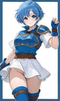 1girl armor belt blue_eyes blue_hair breastplate commission commissioner_upload fire_emblem fire_emblem:_the_binding_blade gloves highres nintendo no_panties non-web_source pixiv_commission shanna_(fire_emblem) skirt thighhighs white_skirt zero0ex