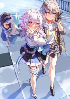 2girls 404_(pixiv_94263879) absurdres ankle_boots black_boots black_choker black_coat black_corset black_gloves black_skirt blue_boots blue_eyes blue_jacket blue_skirt blush boots breasts camera cellphone choker closed_mouth coat collarbone commentary corset dress_shirt earrings flower_ornament front_slit full_body gloves grey_hair hand_up highres holding holding_phone honkai:_star_rail honkai_(series) jacket jewelry long_sleeves march_7th_(honkai:_star_rail) march_7th_(preservation)_(honkai:_star_rail) medium_breasts medium_hair miniskirt multicolored_boots multicolored_eyes multiple_girls open_clothes open_coat partially_fingerless_gloves phone pink_eyes pink_hair pink_jacket pink_pupils pleated_skirt quality selfie shirt single_earring single_glove skirt smartphone smile stelle_(honkai:_star_rail) thigh_strap tied_jacket trailblazer_(honkai:_star_rail) two-tone_boots two-tone_eyes underbust v v_over_mouth white_shirt yellow_eyes