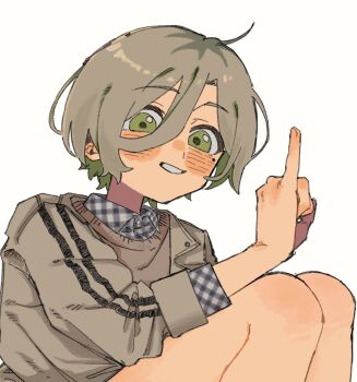 Rule 34 | 1girl, asta3xx, blush, coat, collared shirt, commentary, girls band cry, green eyes, green hair, grin, hair between eyes, highres, index finger raised, jacket, long sleeves, looking at viewer, male focus, pointing, rupa (girls band cry), shirt, simple background, smile, solo, trench coat, untranslatable commentary, white background, white shirt