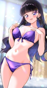 1girl arched_bangs bikini black_hair blunt_bangs blurry blurry_background blush breasts breasts_apart collarbone commentary_request earrings fingernails groin indoors jewelry kakikakilemon kasai_amane long_hair medium_breasts navel precure purple_bikini purple_eyes side-tie_bikini_bottom signature smile solo string_bikini swimsuit thighhighs thighs very_long_hair watermark
