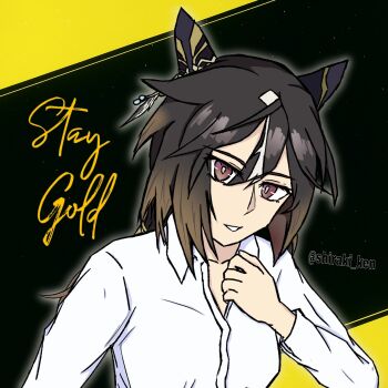 1girl animal_ears black_hair breasts brown_eyes brown_hair collared_shirt ear_covers earrings feather_earrings feathers highres horse_ears horse_girl jewelry long_sleeves looking_at_viewer multicolored_hair open_clothes ponytail purple_eyes shiraki_ken shirt solo stay_gold_(umamusume) umamusume upper_body white_hair