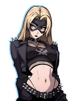 absurdres black_lips blonde_blazer blonde_hair blue_eyes choker crop_top cropped_jacket dispatch eye_mask fishnets goth_fashion highres mask narrow_waist navel redpostit skull skull_choker spiked_belt spiked_choker spiked_jacket spikes