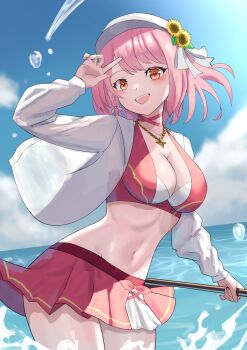Rule 34 | 1girl, bikini, blush, breasts, cleavage, fire emblem, fire emblem engage, fire emblem heroes, flat cap, flower, harpoon, hat, highres, holding harpoon, jacket, jewelry, lapis (fire emblem), lapis (forager of the sea) (fire emblem), medium breasts, multicolored bikini, navel, necklace, nintendo, ocean, official alternate costume, open mouth, pink eyes, pink hair, red bikini, see-through clothes, see-through jacket, short hair, skirt, smile, solo, sunflower, swimsuit, tarutaru193, two-tone hat, water, white hat, white jacket