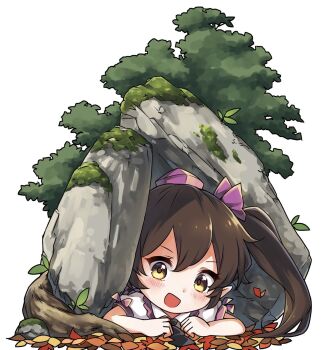 1girl :d autumn_leaves black_necktie boulder bow brown_eyes brown_hair collared_shirt commentary_request double-parted_bangs frilled_shirt_collar frills hair_bow hat hiding highres himekaidou_hatate leaf long_hair looking_at_viewer lying moss necktie on_stomach open_mouth pointy_ears puffy_short_sleeves puffy_sleeves purple_bow purple_hat shirt short_sleeves simple_background smile solo tatuhiro tokin_hat touhou twintails white_background white_shirt