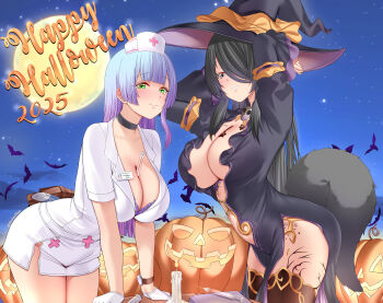 2025 2girls absurdres black_dress black_hair black_thighhighs blue_eyes blue_hair blunt_bangs breasts cleavage closed_mouth commission dress full_moon gloves green_eyes grin hair_between_eyes hair_over_one_eye halloween happy_halloween hat highres jack-o&#039;-lantern large_breasts looking_at_viewer makudesu moon multiple_girls night nurse nurse_cap original paw_print smile standing tail teeth thermometer thighhighs white_dress white_gloves witch_hat