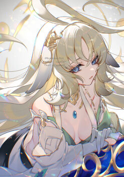 1girl ahoge animal_ears bare_shoulders bhaisa_(granblue_fantasy) blue_eyes breasts breasts_apart brown_hair chest_jewel crossed_bangs detached_collar detached_sleeves dress floating_hair gloves granblue_fantasy hair_between_eyes halo halo_behind_head highres kogome_(azalea4) long_hair parted_lips sleeveless sleeveless_dress small_breasts solo twitter_username upper_body white_gloves