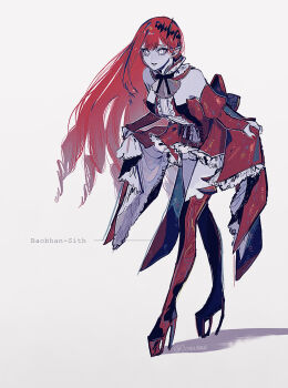 0onamae 1girl baobhan_sith_(fate) baobhan_sith_(first_ascension)_(fate) bare_shoulders belt black_ribbon boots character_name colored_sclera colored_skin commentary_request curtsey dress drill_hair fate/grand_order fate_(series) fingernails full_body grey_skin heart heart_belt high_heels highres long_fingernails long_hair parted_lips pointy_ears puffy_sleeves red_belt red_boots red_dress red_hair red_nails ribbon smile solo teeth thigh_boots thighhighs tiara twitter_username white_eyes