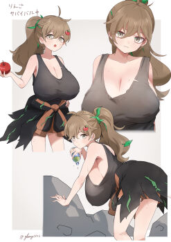 1girl absurdres apple_hair_ornament black_tank_top blush bottle breasts brown_hair closed_mouth clothes_around_waist commentary_request eyelashes food food-themed_hair_ornament fresh_water_(pokemon) fruit glassy0302 grey_eyes hair_ornament highres holding holding_bottle holding_food holding_fruit huge_breasts kuraishi_ringo_(glassy0302) leaf leaf_in_hair leaning long_hair multiple_views nintendo original pokemon pokemon_scarlet_and_violet ponytail signature smile tank_top torn_clothes translation_request twitter_username