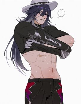 Rule 34 | 1boy, ?, abs, ashveil (honkai: star rail), black hair, black pants, black shirt, blush, clothes lift, cowboy shot, earrings, fedora, gradient hair, grey eyes, grey hair, hair between eyes, hat, highres, honkai: star rail, honkai (series), jewelry, long hair, looking at viewer, male focus, multicolored hair, necklace, pants, shirt, shirt lift, simple background, solo, spoken question mark, toned, toned male, turtleneck, two-tone hair, white background, white hat, yoma 0 0