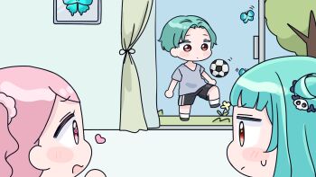 1boy 2girls animal ball black_shoes black_shorts blue_sky blush_stickers brother_and_sister bug butterfly chibi closed_mouth commentary_request curtains day double_bun forehead glass_door green_hair grey_shirt hair_bun hair_ornament heart heart-shaped_pupils highres hololive indoors insect mochimiko motion_lines multiple_girls pink_hair red_eyes shirt shoes short_sleeves shorts siblings skull_hair_ornament sky small_sweatdrop soccer_ball socks sweat symbol-shaped_pupils tree twintails uruha_rushia virtual_youtuber white_socks