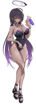 1girl absurdres ahoge black_hair black_one-piece_swimsuit black_sandals blue_archive blush breasts cleavage collarbone covered_navel dark-skinned_female dark_skin gradient_hair hair_between_eyes halo highres karin_(blue_archive) large_breasts low_twintails multicolored_hair one-piece_swimsuit purple_hair purple_halo sandals shiro_sai5 solo swimsuit thighs twintails water_gun yellow_eyes