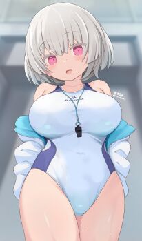 Rule 34 | 1girl, alice gear aegis, blurry, blurry background, breasts, collarbone, competition swimsuit, cowboy shot, grey hair, highres, indoors, jacket, kanaya neri, large breasts, looking at viewer, one-piece swimsuit, pink eyes, seseragi (star4rats), solo, swimsuit, swimsuit under clothes, whistle, whistle around neck, white jacket, white one-piece swimsuit