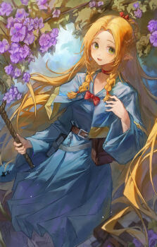 1girl :d absurdres ambrosia_(dungeon_meshi) belt belt_pouch blonde_hair blue_capelet blue_robe braid brown_bag brown_belt capelet choker commentary dungeon_meshi elf feet_out_of_frame flower green_eyes half_up_half_down_braid highres holding holding_staff long_hair long_sleeves looking_at_viewer marcille_donato mumu_millhayes open_mouth pointy_ears pouch purple_flower red_choker red_ribbon ribbon robe smile solo staff twin_braids wide_sleeves