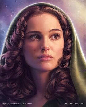 1girl artist_name brown_eyes brown_hair green_hood looking_to_the_side padme_amidala portrait realistic solo star_wars tara_phillips textless_version watermark web_address