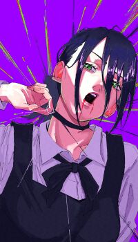 absurdres black_choker blood blood_from_mouth chainsaw_man choker collared_shirt erupusai2 fingernails green_eyes grenade_pin hair_between_eyes hair_bun highres looking_at_viewer medium_hair neck_ribbon open_mouth pulling purple_background purple_hair reze_(chainsaw_man) ribbon shaded_face shirt simple_background single_hair_bun