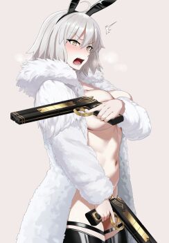 1girl absurdres asoberis black_thighhighs blush breasts coat covering_privates dual_wielding fate/grand_order fate_(series) fur_coat grey_hair gun highres holding jeanne_d&#039;arc_alter_(fate) large_breasts long_sleeves looking_at_viewer naked_coat open_mouth short_hair solo thighhighs weapon white_coat yellow_eyes