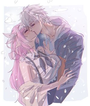 1boy 1girl blue_jacket blue_sky breasts coat commentary elf elysia_(golden_courtyard)_(honkai_impact) elysia_(honkai_impact) english_commentary gnarlypzofbread grey_coat hairband hetero highres honkai_(series) honkai_impact_3rd jacket kevin_kaslana kiss large_breasts long_hair official_alternate_costume pink_hair pointy_ears shirt short_hair sky snowing very_long_hair white_hair white_hairband white_shirt