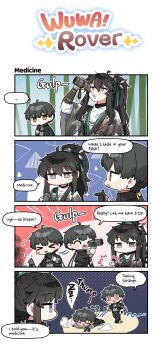 2boys @_@ absurdres arm_armor black_gloves black_hair black_jacket cloak collapsed commentary drinking english_commentary english_text gloves grey_eyes highres jacket junsuina_fujunbutsu looking_at_another male_rover_(wuthering_waves) multiple_boys nose_bubble official_art ponytail qiuyuan_(wuthering_waves) rover_(wuthering_waves) sleeping white_cloak wuthering_waves yellow_eyes