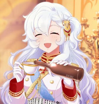 1girl alpha1918 beer_bottle closed_eyes cup hair_ornament long_hair military military_uniform rikani russian smile teacup very_long_hair wavy_hair white_hair