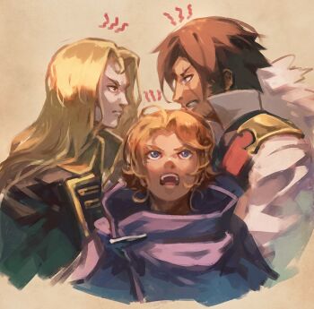 1girl 2boys alucard_(castlevania) blonde_hair blue_eyes blue_hair brown_hair castlevania_(netflix) castlevania_(series) castlevania_iii:_dracula's_curse coat dhampir garmmy gloves half-human long_hair male_focus multiple_boys open_mouth ralph_c_belmont scar simple_background smile sypha_belnades undead vampire weapon white_hair