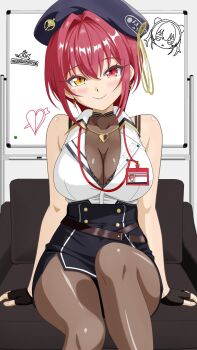 1girl arrow_through_heart badge bare_shoulders beret black_hat black_skirt blush breasts cleavage commentary_request couch fingerless_gloves gloves hat heart heart_necklace heterochromia high-waist_skirt highres hololive hololive_fantasy houshou_marine houshou_marine_(businesswoman) jacket jewelry knee_up large_breasts leotard leotard_under_clothes looking_at_viewer necklace no_eyepatch office_lady on_couch pantyhose philip98267134 red_eyes red_hair see-through_cleavage see-through_clothes sitting skirt sleeveless sleeveless_jacket smile solo virtual_youtuber white_jacket whiteboard yellow_eyes