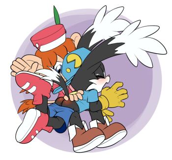 1boy 1girl artist_request ass bandai_namco black_fur boots cat fang femdom furry hat kaze_no_klonoa klonoa klonoa_2:_lunatea&#039;s_veil lolo_(klonoa) long_ears on_lap pain pants shirt shorts shota spanked spanking tears tight_clothes tight_pants