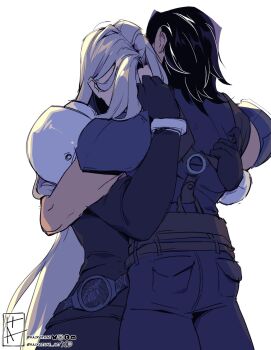 Rule 34 | 2boys, angeal hewley, armor, belt, belt buckle, black gloves, black hair, black pants, blue pants, blue shirt, brown belt, buckle, commentary, cowboy shot, crisis core: final fantasy vii, english commentary, final fantasy, final fantasy vii, gloves, grey hair, hackeraxe, highres, hug, long hair, male focus, medium hair, multiple belts, multiple boys, pants, parted bangs, pauldrons, sephiroth, shirt, shoulder armor, sign, sleeveless, sleeveless turtleneck, suspenders, turtleneck, twitter username, white background, yaoi