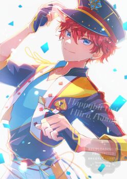 1boy adjusting_clothes adjusting_headwear amagi_hiiro arm_up blue_eyes character_name commentary_request earrings ensemble_stars! fingerless_gloves fingernails gloves happy_birthday high_collar highres hoop_earrings jewelry layered_clothes lock looking_at_viewer male_focus mitsumame_(mitsumamentama) red_hair short_hair simple_background solo spade_(shape) sweat three-quarter_sleeves upper_body watermark white_background