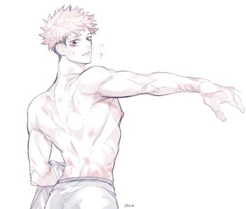 Rule 34 | 1boy, ?, bite mark, bite mark on back, bite mark on neck, black hair, bruise, commentary request, extra eyes, from behind, grey pants, holding, holding shirt, holding unworn clothes, injury, itadori yuuji, jujutsu kaisen, kan (forest kan), male focus, male underwear, male underwear peek, multicolored hair, nipples, outstretched arm, pants, pink hair, red eyes, shirt, short hair, sideburns, simple background, solo, sweat, toned, toned male, topless male, two-tone hair, undercut, underwear, unworn shirt, white background