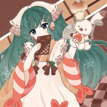 1girl 1other apron bow chef_hat closed_mouth commentary earrings fork_hair_ornament green_eyes green_hair hair_bow hair_ornament hat hatsune_miku highres holding holding_menu japanese_clothes jewelry kimono long_hair long_sleeves looking_at_viewer menu official_alternate_costume official_alternate_hairstyle orange_kimono rabbit smile snowflake_print spoon_hair_ornament tail twintails very_long_hair vocaloid white_apron wide_sleeves yuki_miku yuki_miku_(2024) yuwan_(ogan_39)