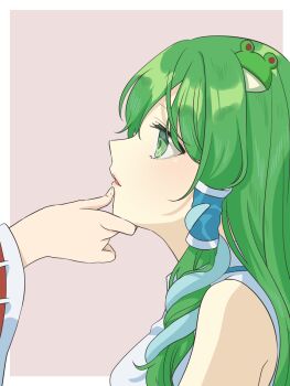2girls commentary_request frog_hair_ornament green_hair hair_ornament hair_tubes hakurei_reimu hand_on_another's_chin highres kochiya_sanae long_hair multiple_girls ribbon-trimmed_sleeves ribbon_trim single_hair_tube snake_hair_ornament solo_focus touhou tsuno_no_hito yuri