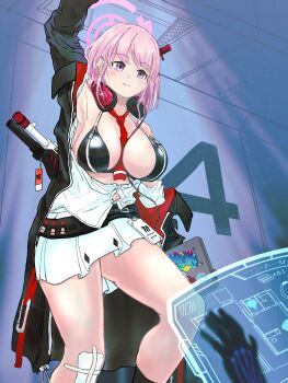 2girls bandaid bandaid_on_knee bandaid_on_leg bare_shoulders belt between_breasts bikini black_belt black_bikini black_jacket black_socks blue_archive blush breast_zipper breasts cleavage closed_mouth commentary_request computer dual-mode_shotgun eimi_(blue_archive) gun halo hanging headphones headphones_around_neck highres himari_(blue_archive) holding holding_laptop holographic_monitor indoors jacket kneehighs laptop large_breasts long_hair long_sleeves multiple_girls nazomaki_(blue_archive) necktie necktie_between_breasts open_clothes open_jacket pink_eyes pink_hair pink_halo pump-action_shotgun pump_action red_necktie semi-automatic_shotgun shirt shotgun sidelocks skirt socks solo_focus spas-12 swimsuit takigigas weapon weapon_on_back white_shirt white_skirt zipper_bikini