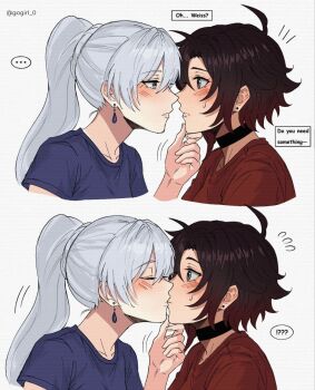 !? 2girls alternate_costume black_choker black_hair blue_eyes blue_shirt choker closed_eyes collarbone colored_tips earrings english_text gogirl_0 grabbing_another's_chin grey_eyes hand_on_another's_chin highres jewelry kiss long_hair multicolored_hair multiple_girls red_hair red_shirt ruby_rose rwby shirt short_hair short_sleeves side_ponytail simple_background stud_earrings surprise_kiss surprised weiss_schnee white_background white_hair yuri