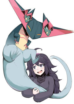 1girl @_@ ahoge colored_sclera dragapult dreepy floating floating_hair gen_8_pokemon hair_between_eyes hairband head_tilt hex_maniac_(pokemon) hex_maniac_(pokemon_xy) highres hug hugging_another&#039;s_tail hugging_tail long_hair long_sleeves looking_at_another nintendo npc_trainer open_mouth pokemon pokemon_(creature) pokemon_xy purple_hair purple_hairband shimure_(460) simple_background smile sweater tail turtleneck turtleneck_sweater white_background yellow_sclera