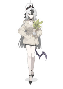 1girl alternate_costume black_choker black_horns blue_archive brown_coat casual choker coat demon_horns demon_wings ear_piercing full_body grey_halo halo highres horns kayoko_(blue_archive) multicolored_hair piercing single_wing solo two-tone_hair vennie white_hair wings
