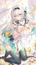 Rule 34 | 1girl, adapted costume, aqua nails, aqua skirt, artist name, black hairband, breasts, character name, closed mouth, firefly (honkai: star rail), flower, food, frilled cuffs, gradient hair, green hair, green thighhighs, hair between eyes, hairband, hands up, highres, holding veil, honkai: star rail, honkai (series), kneeling, large breasts, long hair, melailai, multicolored hair, nail polish, neckerchief, purple eyes, rose, see-through, see-through shirt, shirt, sidelocks, skindentation, skirt, solo, thighhighs, waffle, white hair, white shirt, white wrist cuffs, wrist cuffs, yellow flower, yellow neckerchief, yellow rose