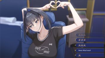 1girl arms_behind_back black_hair black_shirt blue_hair blurry blurry_background breasts chat_log collarbone heart heart_hands hololive hololive_english indoors large_breasts multicolored_hair ouro_kronii shirt short_hair sitting solo two-tone_hair virtual_youtuber zenya