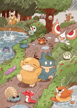 alternate_color bird buizel bush closed_mouth commentary_request dedenne dirt_road ditto fangs fangs_out fishing fishing_rod gen_1_pokemon gen_2_pokemon gen_3_pokemon gen_4_pokemon gen_5_pokemon gen_6_pokemon gen_7_pokemon grass highres lotad magikarp masquerain munchlax nintendo no_humans omanyte oshawott outdoors path petilil pokemon pokemon_(creature) poliwag pond psyduck rain road rowlet shiny_pokemon splashing starly sudowoodo tatsugiri tatsugiri_(droopy) tree walking whiskers zozozoshion