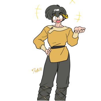 :d bandana belt collarbone commentary_request fang grey_hair grey_pants hand_on_own_hip hand_up male_focus open_mouth pants ranma_1/2 short_hair signature slit_pupils smile wanta_(futoshi) white_background yellow_bandana