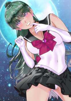 absurdres arion_canvas bishoujo_senshi_sailor_moon black_choker bow brooch cameltoe choker earrings elbow_gloves gloves green_hair hair_bun highres jewelry leotard leotard_peek long_hair magical_girl meiou_setsuna miniskirt moon outer_senshi red_bow sailor_collar sailor_pluto sailor_senshi sailor_senshi_uniform single_hair_bun skirt space upskirt white_gloves white_leotard
