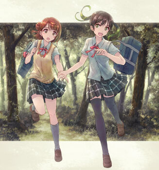2girls :d :o bag black_socks braid braided_bun brown_footwear brown_hair forest hair_bun holding_another&#039;s_wrist kneehighs loafers love_live! love_live!_nijigasaki_high_school_idol_club multiple_girls nature open_mouth plaid_clothes plaid_skirt pleated_skirt ribbon running school_bag school_uniform shirt shoes short_sleeves shoulder_bag side_bun single_side_bun skirt smile socks standing sweater_vest takasaki_yu thighhighs twintails uehara_ayumu white_shirt yakka