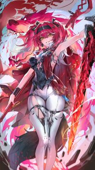 1girl armor armpits asymmetrical_dual_wielding black_bow bodysuit boots bow breastplate breasts collar colored_tips commentary dual_wielding earrings feet_out_of_frame grin hair_between_eyes hair_bow hair_ornament hairband hashtag-only_commentary highres holding holding_polearm holding_sword holding_weapon jewelry looking_at_viewer lupa_(wuthering_waves) maenoo medium_breasts metal_collar metal_hairband multicolored_hair multiple_hair_bows pink_hair polearm smile solo sword tacet_mark_(wuthering_waves) tail thigh_boots weapon white_bodysuit white_boots white_hair wolf wolf_tail wrist_guards wuthering_waves yellow_eyes