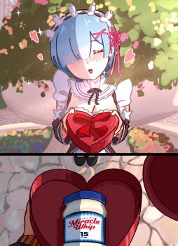 Rule 34 | 1boy, 1girl, absurdres, black jacket, blue hair, blush, bow, box, breasts, cleavage, commentary, detached sleeves, english commentary, english text, frills, hair ornament, hair over one eye, hair ribbon, heart-shaped box, highres, jacket, jar, large breasts, long sleeves, maid, maid headdress, mayngomay, miracle whip, natsuki subaru, nose blush, outdoors, planter, pov, pov hands, re:zero kara hajimeru isekai seikatsu, red bow, rem (re:zero), ribbon, roswaal mansion maid uniform, short hair, solo focus, upper body, x hair ornament