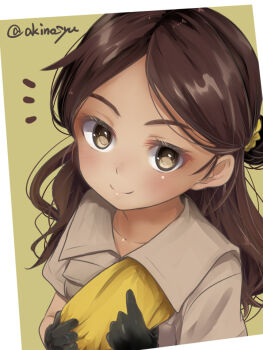 1girl akino_shuu artist_name black_gloves brown_eyes brown_hair closed_mouth commentary_request dark-skinned_female dark_skin gloves kantai_collection long_hair looking_at_viewer simple_background smile solo thonburi_(kancolle) twitter_username