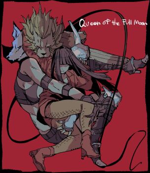 Rule 34 | 2girls, animal head, bad id, bad twitter id, belt, blunt bangs, boots, demon (megami tensei), devil summoner: soul hackers, devil summoner (series), english text, fingerless gloves, gloves, grabbing another's thighs, grabbing from behind, hand on another's leg, hand on another's thigh, hecate (megami tensei), height difference, high heel boots, high heels, highres, looking at viewer, multiple belts, multiple girls, multiple heads, naomi (soul hackers), one eye covered, pantyhose, raven croow, red boots, single fingerless glove, spiked poleyn, yellow pantyhose