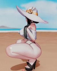 1girl 3d animated ass back beach bikini black_hair breasts cleavage curvy hair_bun hand_on_own_chest hat high_heels huge_ass large_breasts long_hair lowres mature_female narrow_waist red_eyes revealing_clothes rushzilla sidelocks single_hair_bun solo spy_x_family squatting swimsuit tagme thick_thighs thighs underboob video wide_hips yor_briar